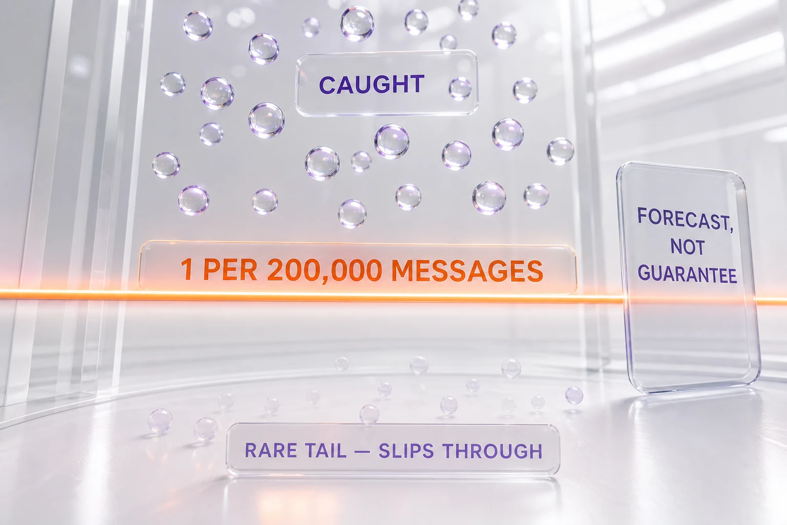 Deployment Simulation detection floor — catches behaviors above 1 per 200,000 messages, rare tail events slip through