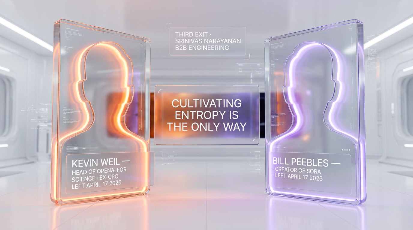 Kevin Weil and Bill Peebles departure portraits — two senior OpenAI leaders leaving April 17 2026, CPO to Head of Science and creator of Sora walk out same day