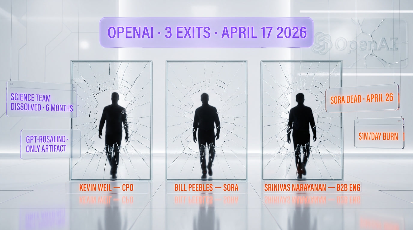 OpenAI executives leave — Kevin Weil, Bill Peebles, Srinivas Narayanan depart April 17 2026 as Sora shuts down and OpenAI for Science dissolves