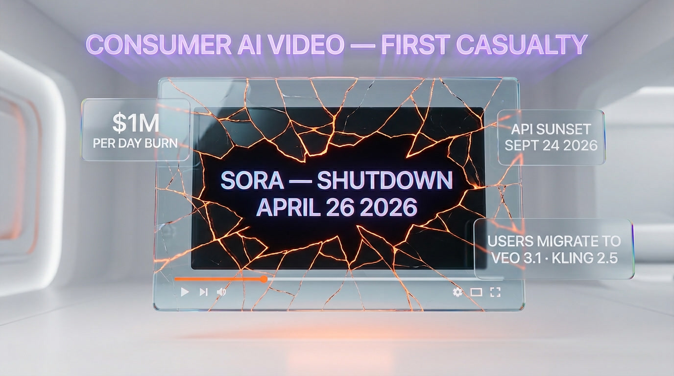 Sora shutdown April 26 2026 — OpenAI video generator losing $1 million per day in compute, API sunset September 24 2026, users migrate to Veo 3.1 and Kling 2.5