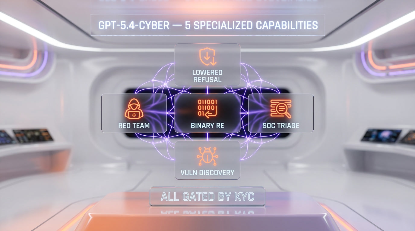 GPT-5.4-Cyber feature matrix — binary reverse engineering, lowered refusal, vuln discovery, pentest support, red team workflows, SOC triage