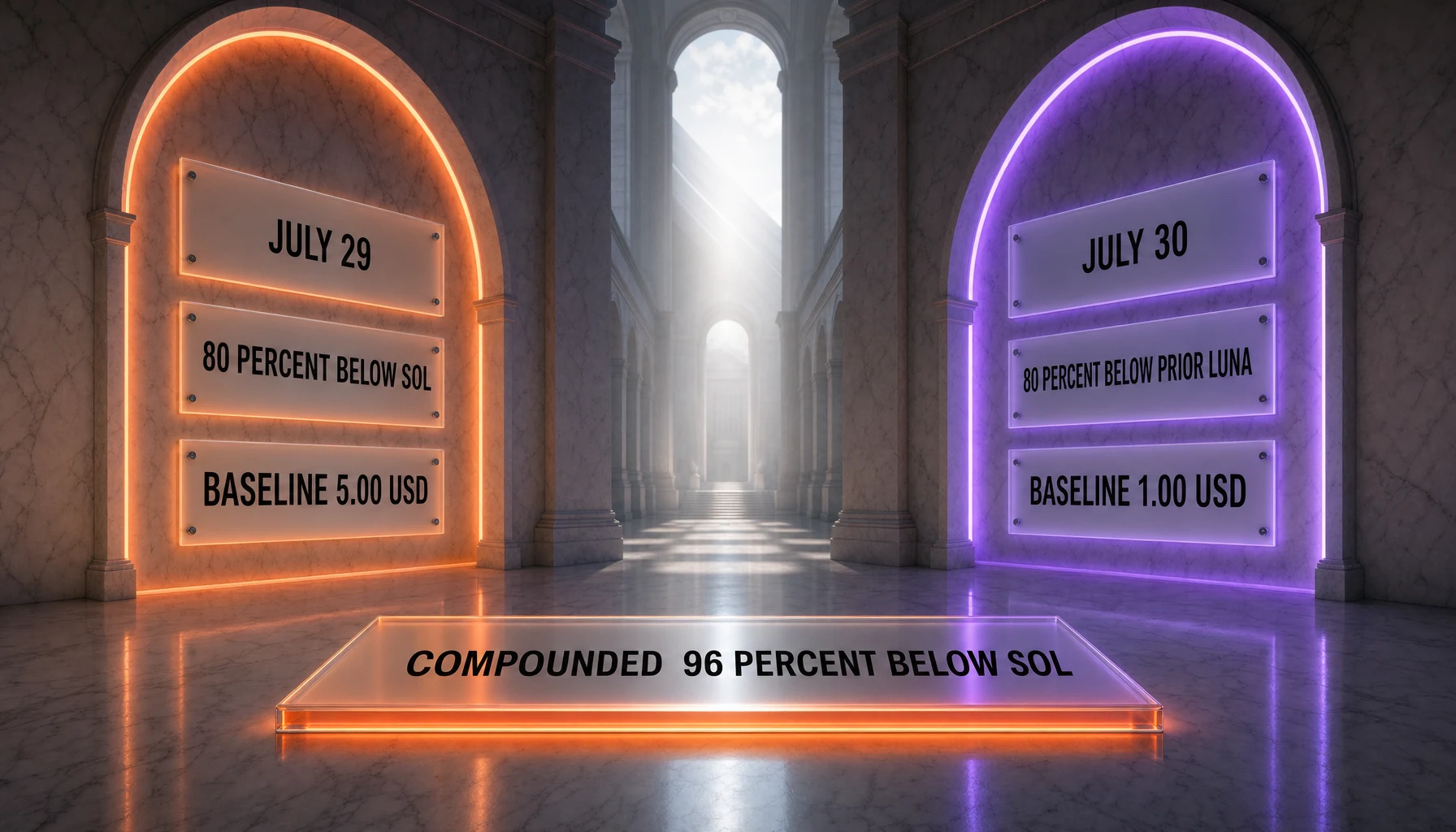 Two facing alcoves of glass plaques showing that the July 29 and July 30 eighty percent claims start from different baselines, and a floor slab reading ninety-six percent below Sol
