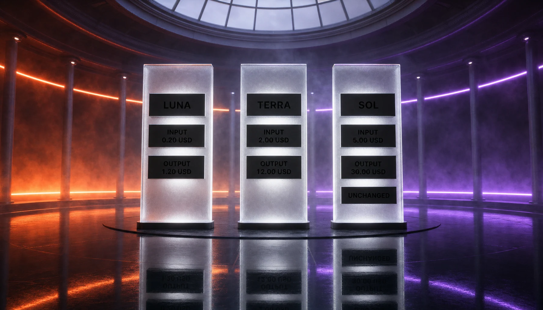 Three glass monoliths in a neon-lit arena showing GPT-5.6 Luna, Terra and Sol API prices as of July 30, 2026