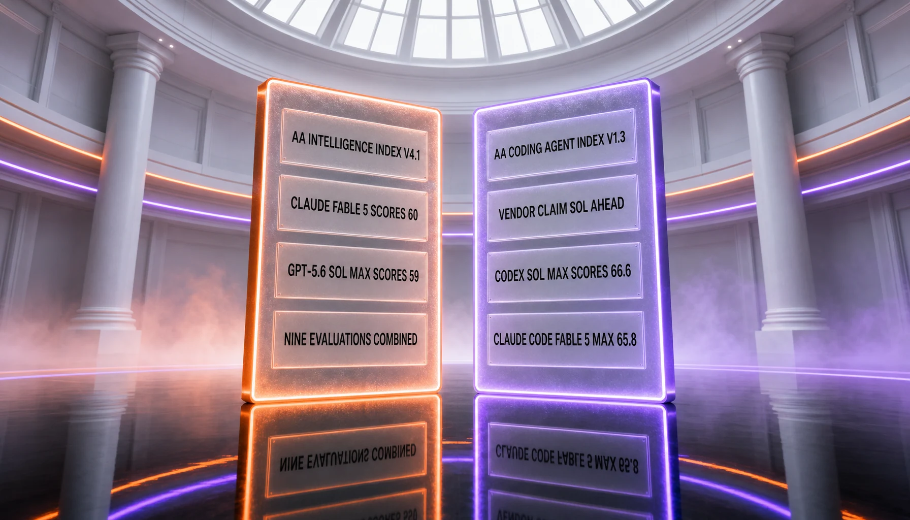 Two identical glass panels — on the Artificial Analysis Intelligence Index v4.1 Claude Fable 5 scores 60 against 59 for GPT-5.6 Sol at max reasoning, while on the Coding Agent Index v1.3 Codex with Sol at max scores 66.6 against 65.8 for Claude Code with Fable 5 at max, confirming OpenAI's claim on that board
