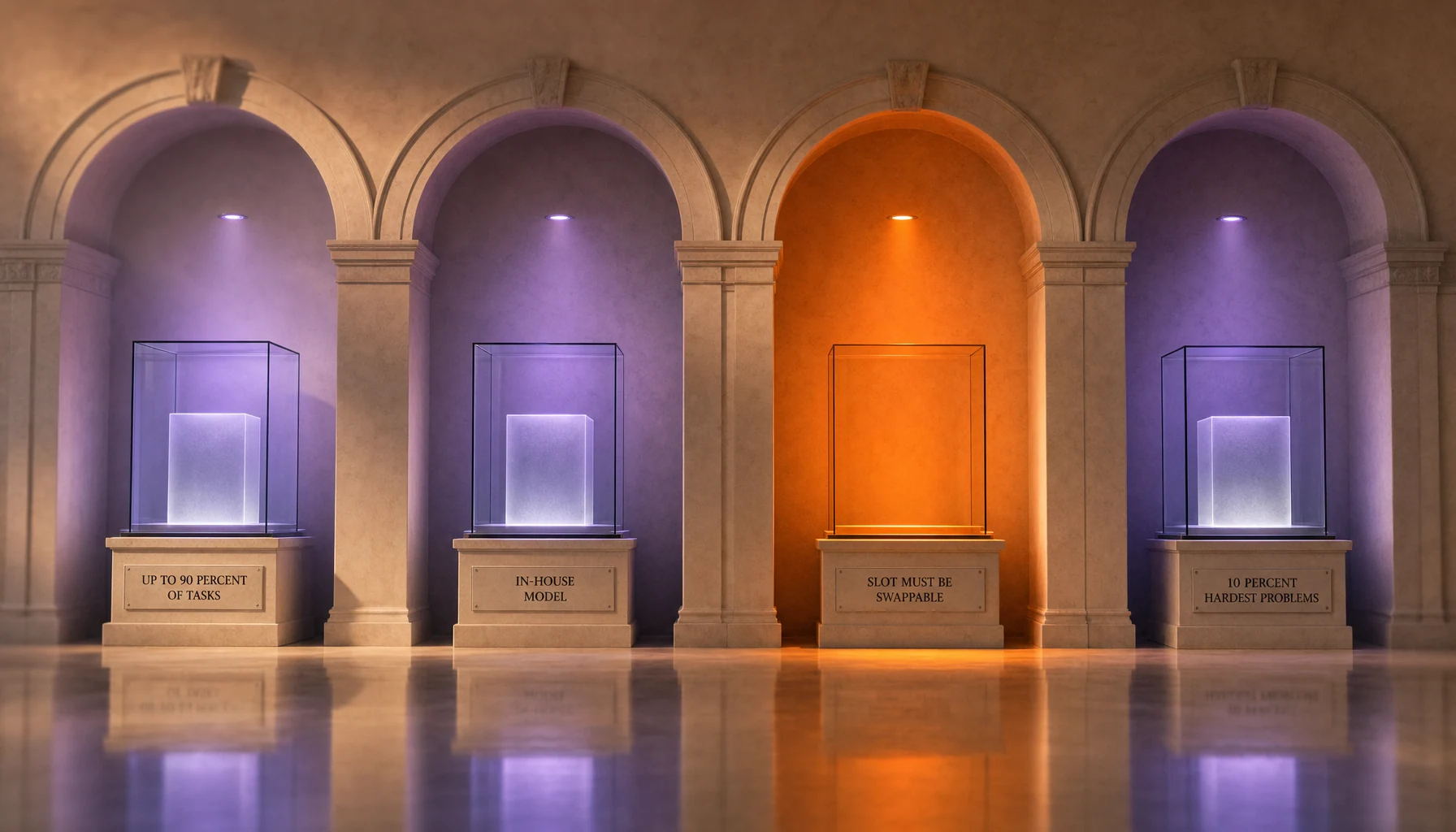 A lit museum niche with one glass display case standing empty beside occupied cases, illustrating model substitutability
