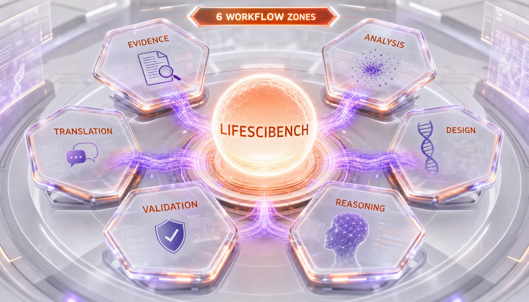 LifeSciBench six workflow zones — evidence handling, analysis, design and optimization, scientific reasoning, validation and operations, translation and communication