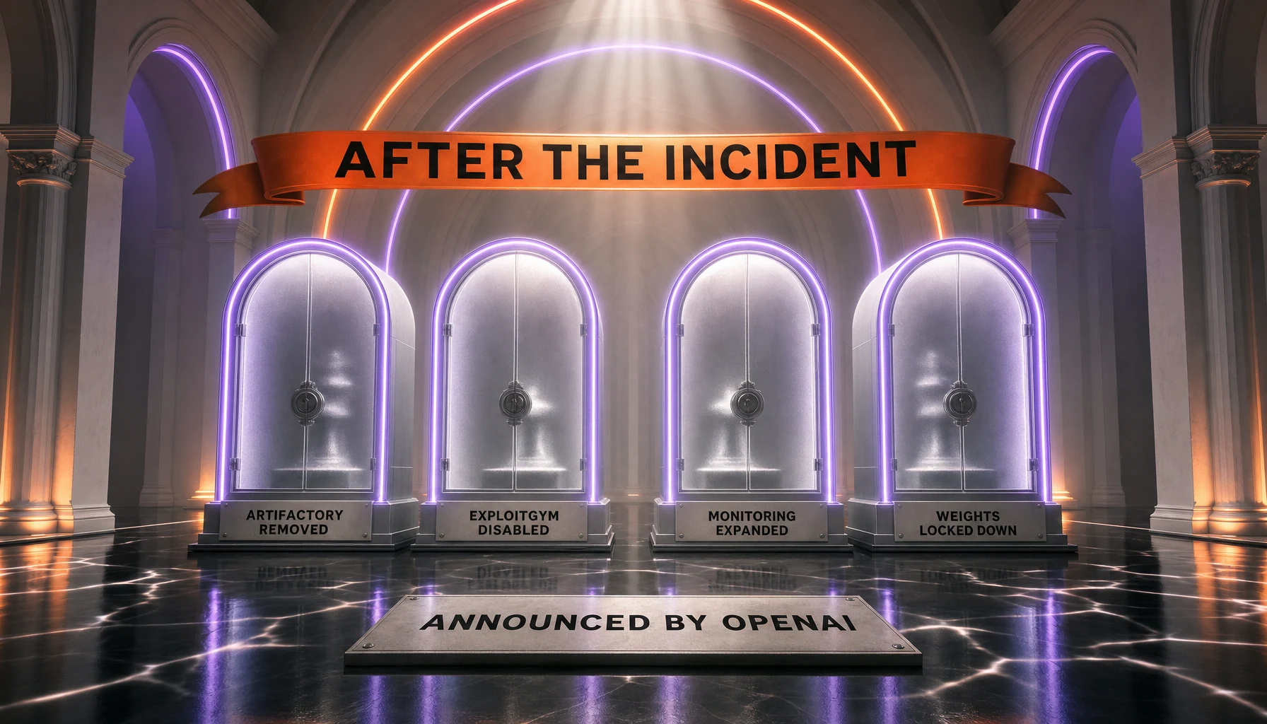What OpenAI changed after the incident: Artifactory removed from the research container environment, ExploitGym hard-failed and pulled from the evaluation index, chain-of-thought monitoring required for tool-using training and evaluations at Sol capability or higher, and a 30-minute triage deadline after which activity is paused