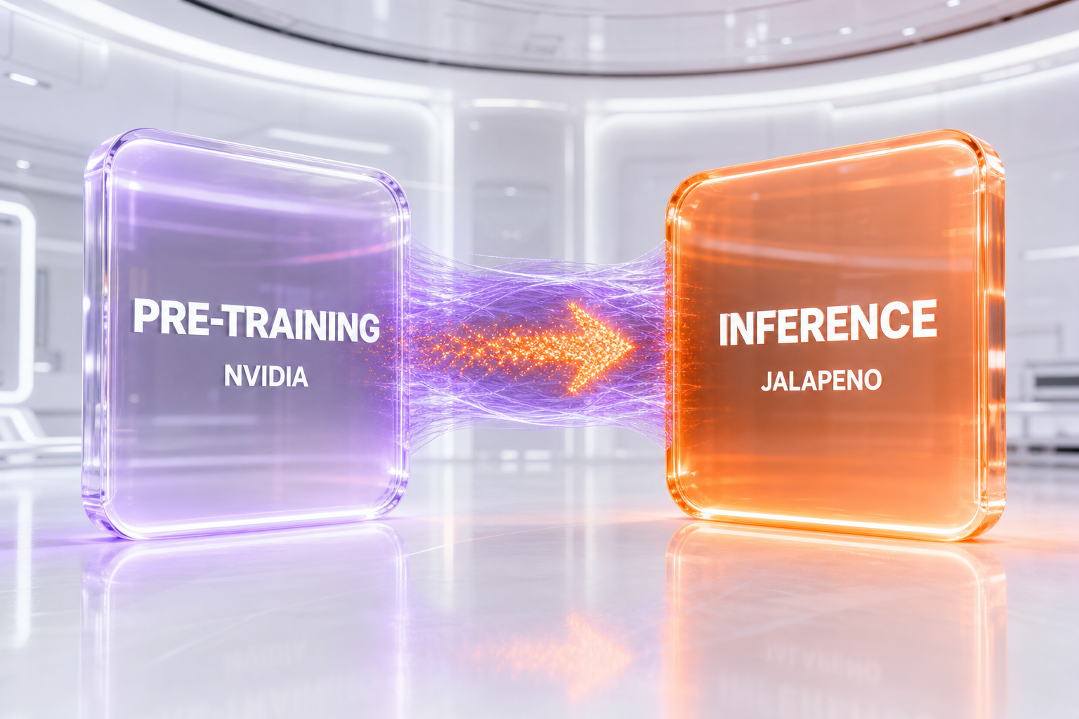 Diagram: pre-training stays on NVIDIA GPUs while inference moves to OpenAI's custom Jalapeño chip