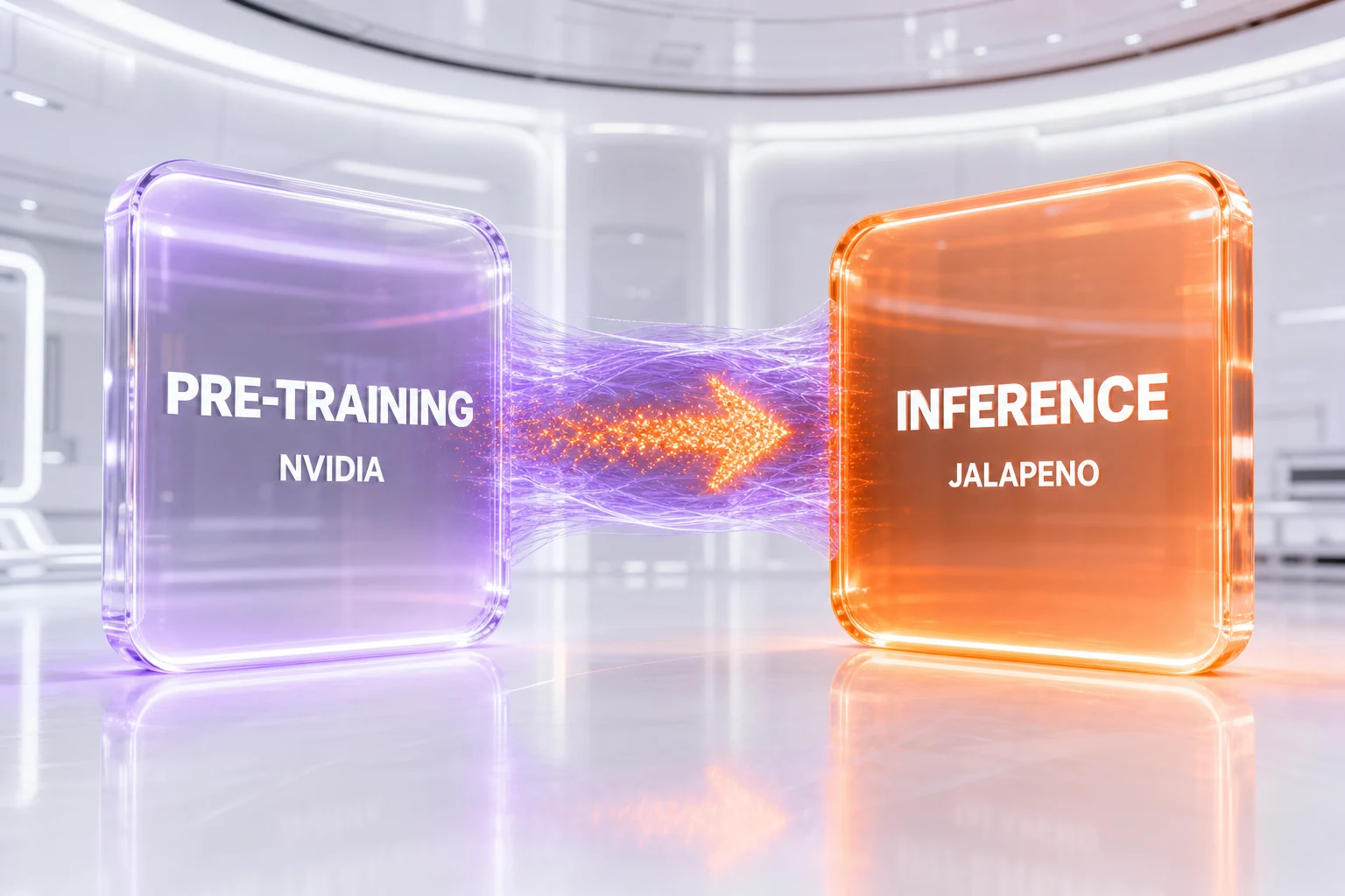 Diagram: pre-training stays on NVIDIA GPUs while inference moves to OpenAI's custom Jalapeño chip