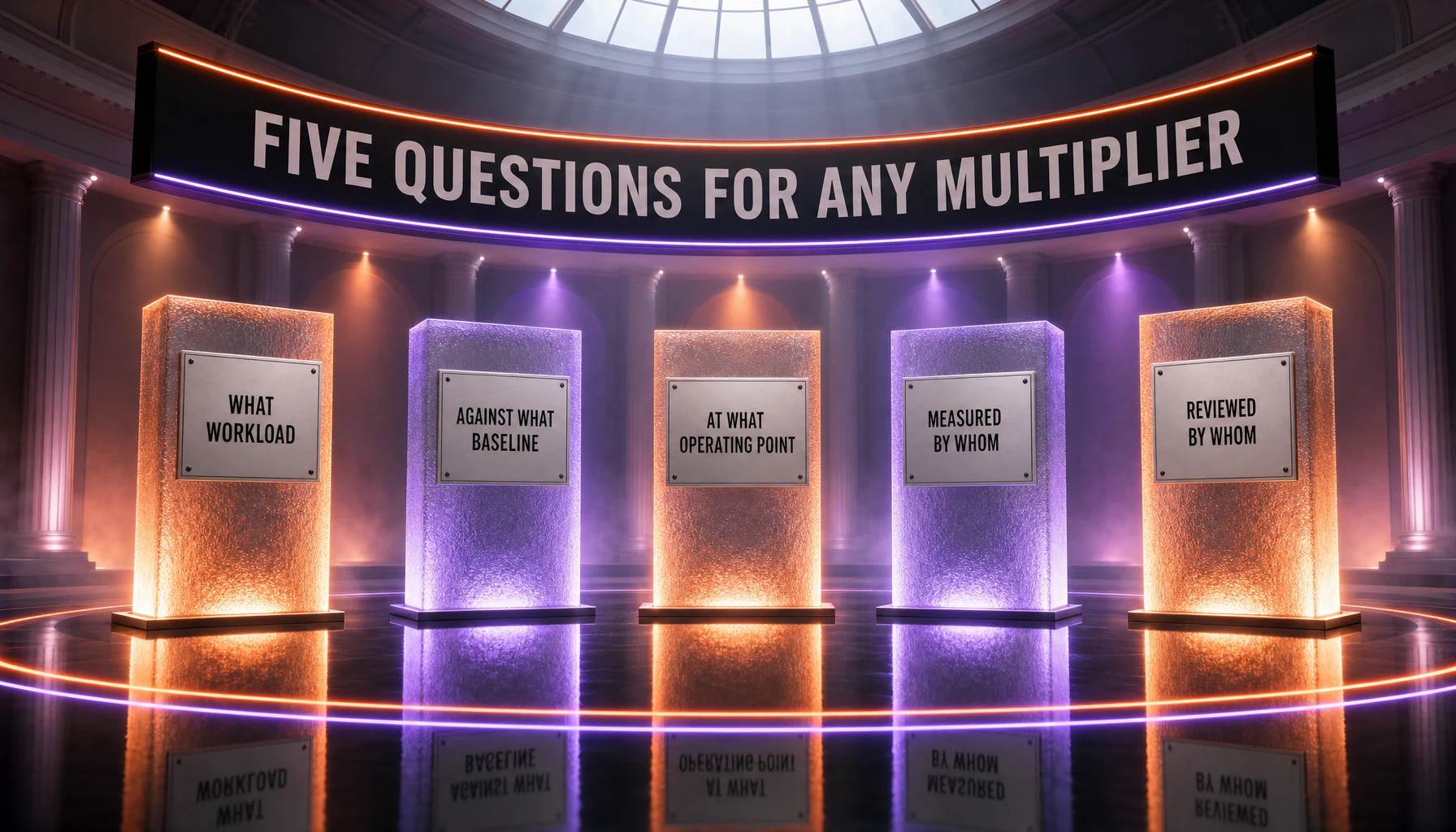 Five questions to ask of any efficiency multiplier: what workload, against what baseline, at what operating point, measured by whom, and reviewed by whom