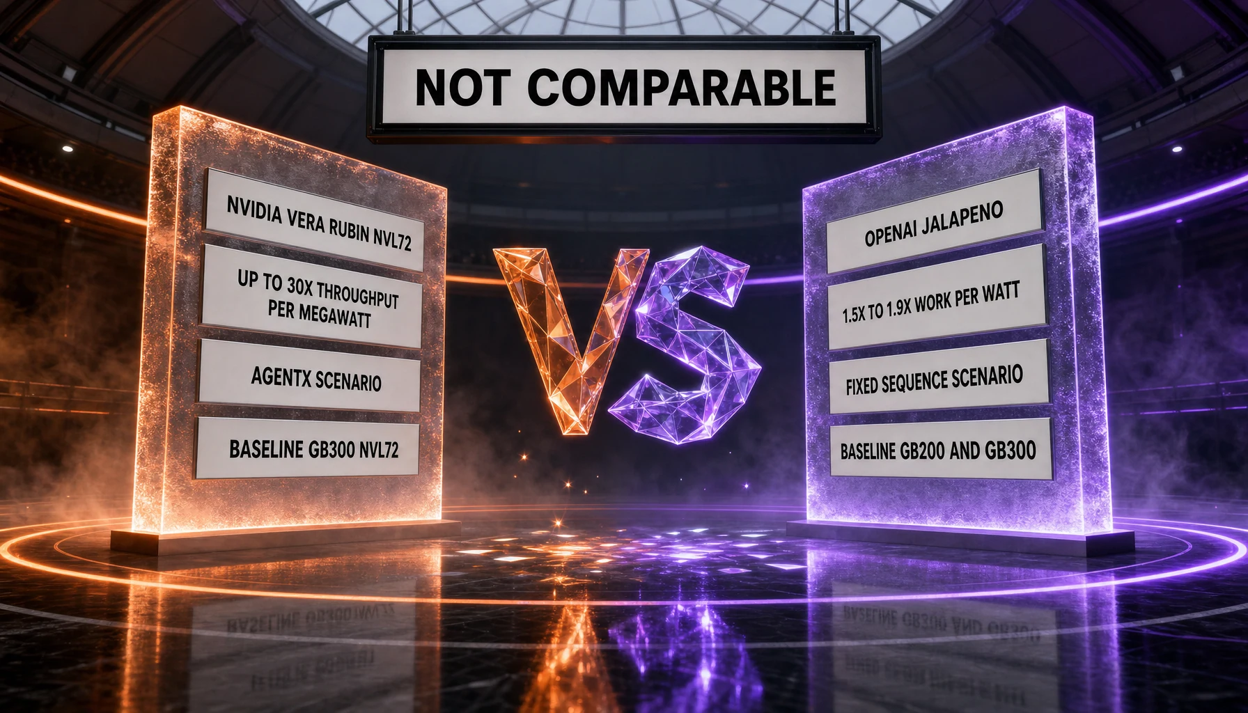 Nvidia's up to 30x throughput per megawatt claim and OpenAI's 1.5x to 1.9x work per watt claim shown side by side with the scenario and the baseline behind each, illustrating why the two figures cannot be placed next to each other — editorial illustration