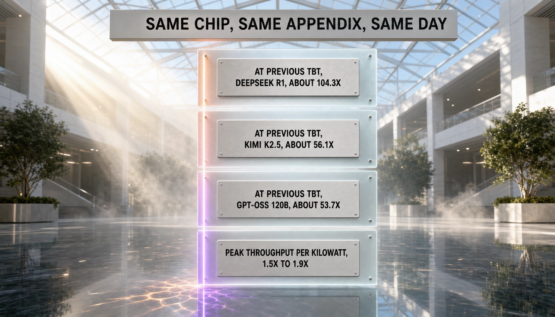 Four ratios published in the same OpenAI appendix on the same day, running from 1.5x to 1.9x at peak throughput per kilowatt up to about 104.3x at previous time between tokens on DeepSeek R1