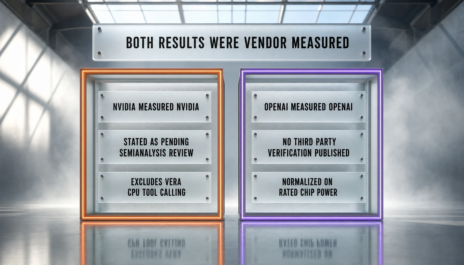 Nvidia measured Nvidia and OpenAI measured OpenAI, with the caveats each company stated: pending SemiAnalysis review and excluded Vera CPU tool calling on one side, no published third-party verification and normalization on rated chip power on the other