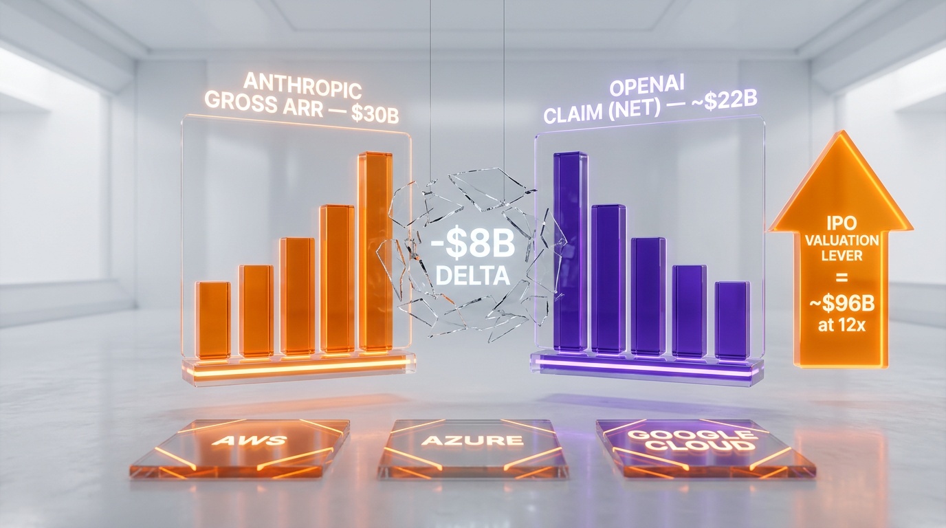 Gross vs net ARR breakdown — Anthropic reported $30 billion versus OpenAI net-basis claim of approximately $22 billion, $8 billion cloud-partner gap
