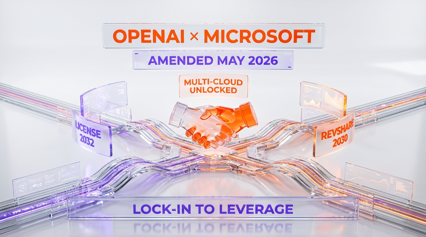 Glassmorphism procurement command center — OpenAI × Microsoft amended May 2026, multi-cloud unlocked, license 2032, revshare 2030, lock-in to leverage