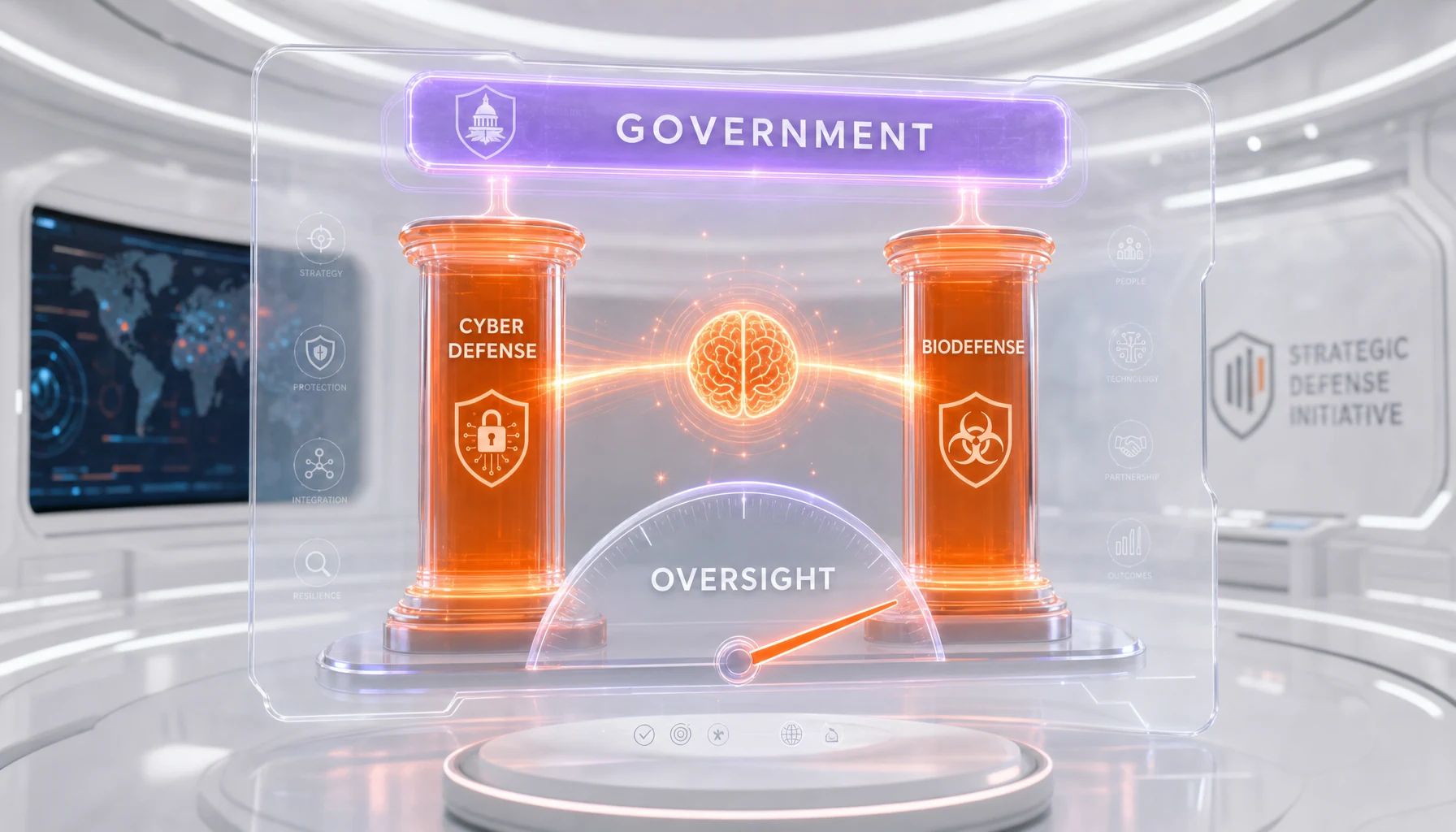 OpenAI government strategy positioning chart — cyber defense plus biodefense versus regulatory oversight