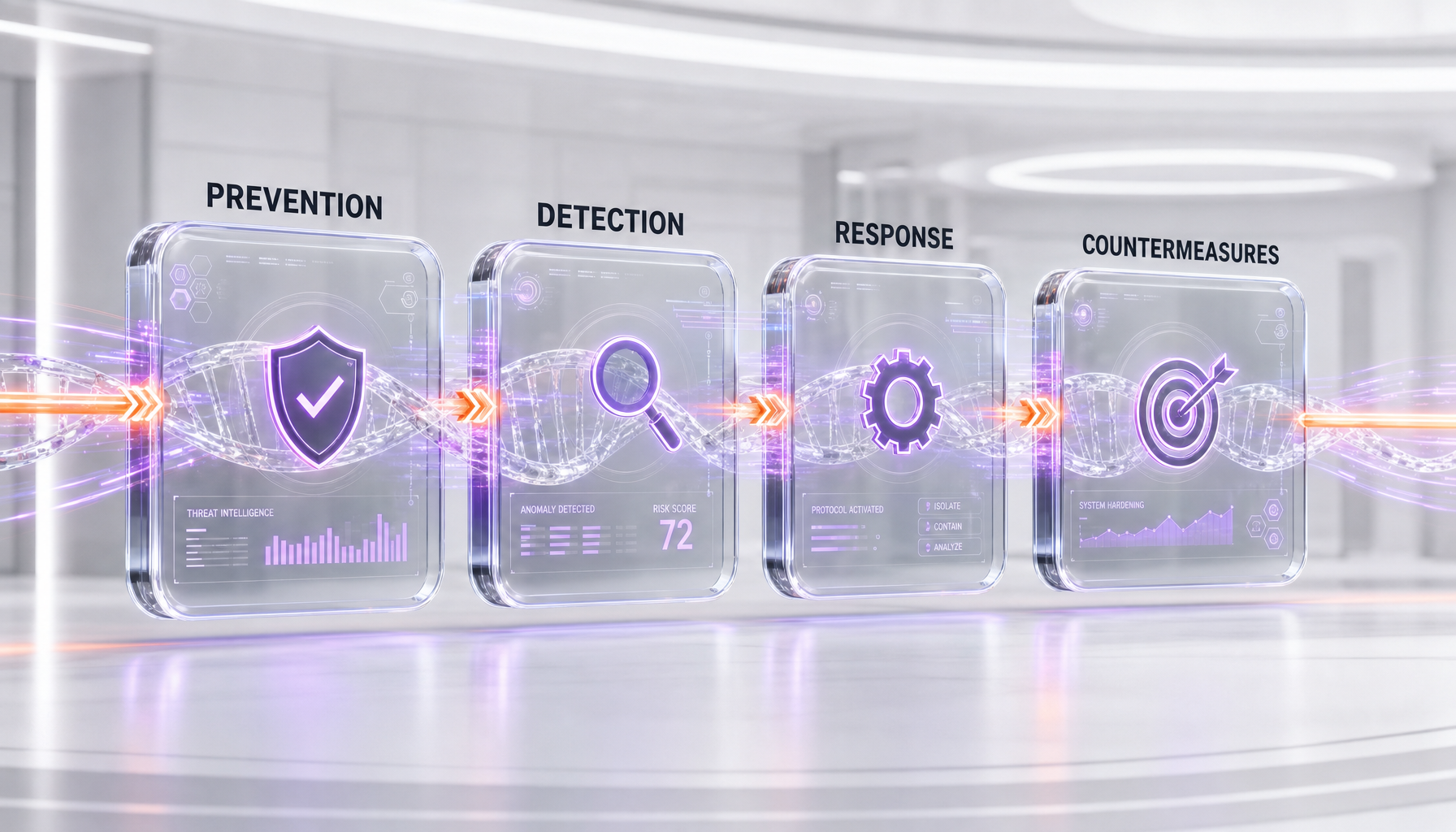 Biological threat lifecycle covered by Rosalind Biodefense — prevention, early detection, response, countermeasures