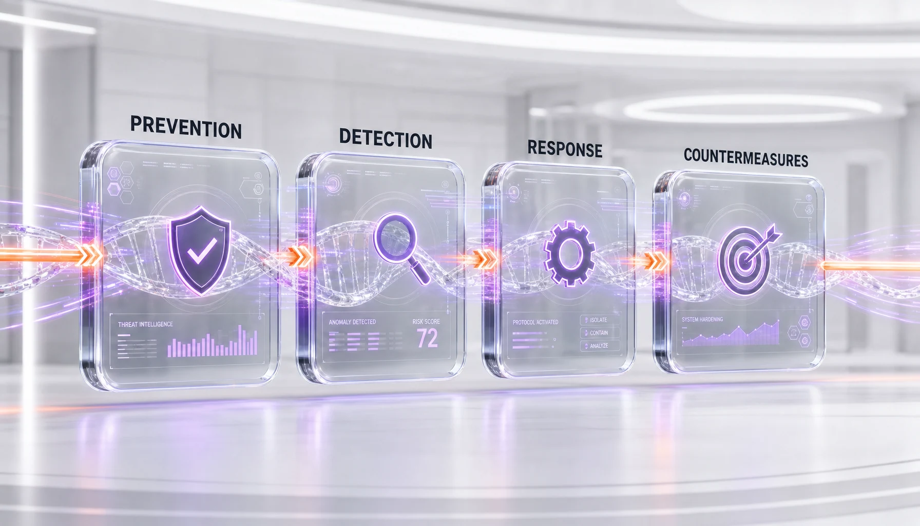 Biological threat lifecycle covered by Rosalind Biodefense — prevention, early detection, response, countermeasures