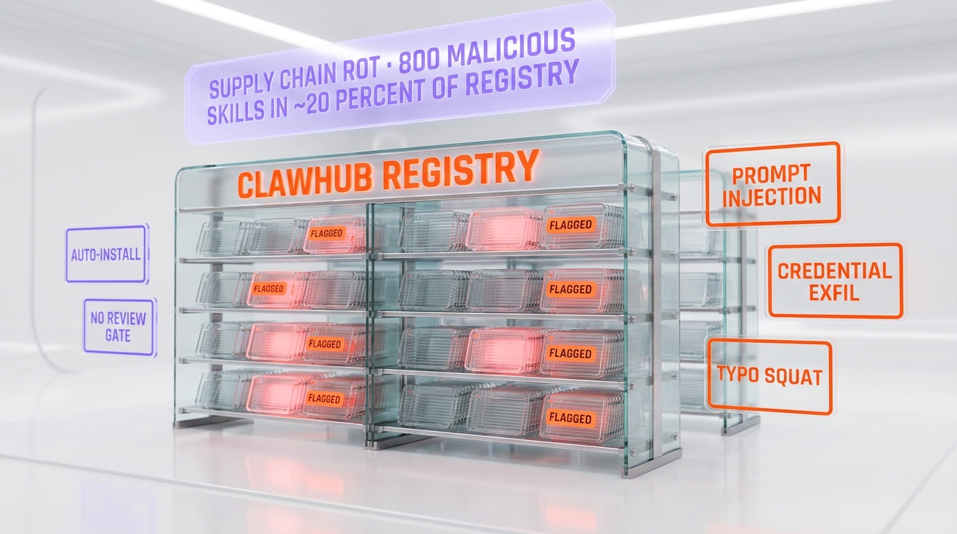~800 malicious skills inside ClawHub registry — ~20 percent of a 4,000-skill marketplace, no review gate.