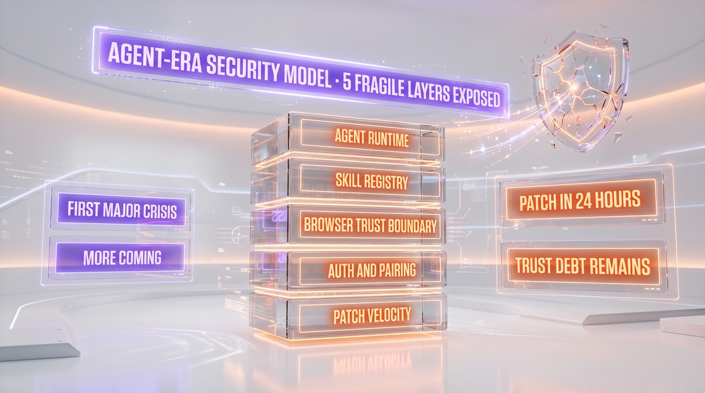 Agent-era security model — five fragile layers (runtime, registry, browser trust, auth, patch velocity) exposed by CVE-2026-25253.