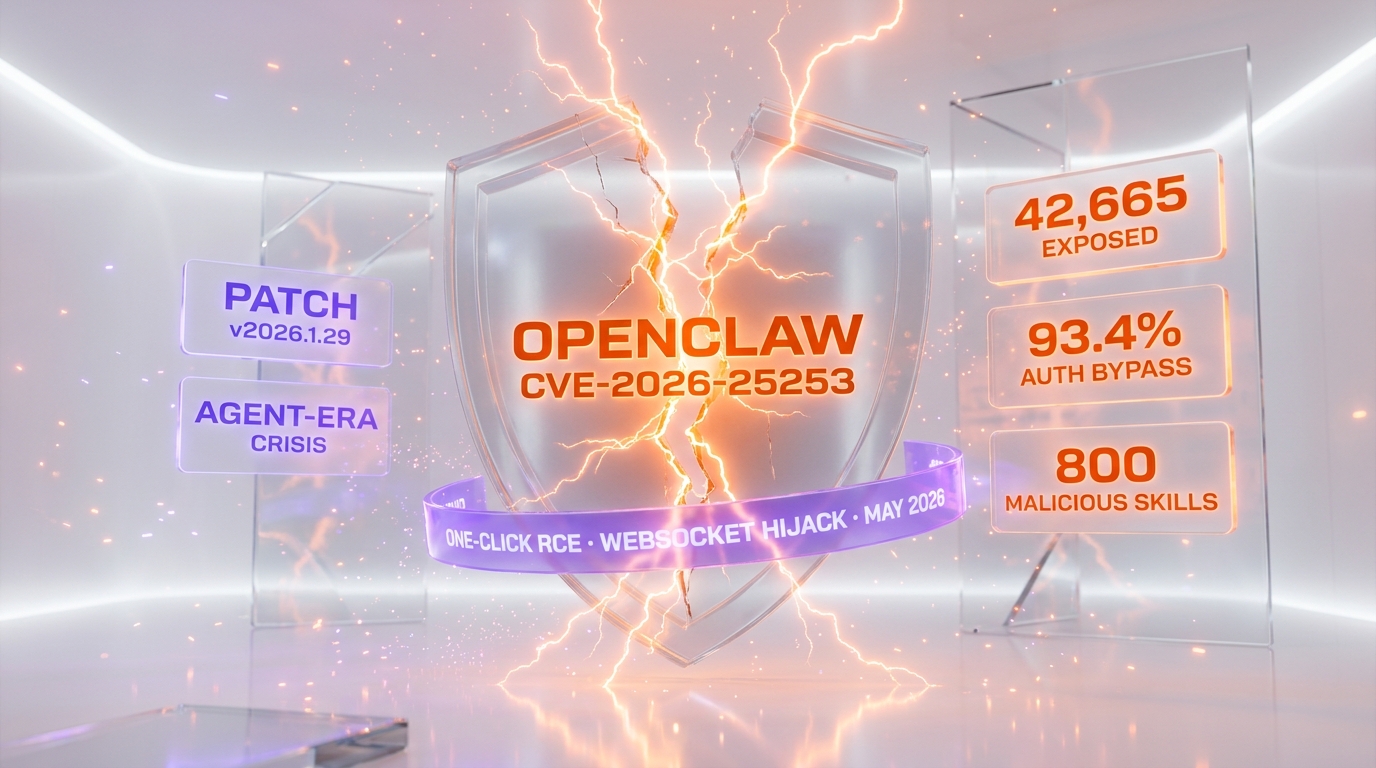 OpenClaw CVE-2026-25253 — one-click RCE WebSocket hijack hero visualization, 42,665 exposed agents and 93.4% auth bypass
