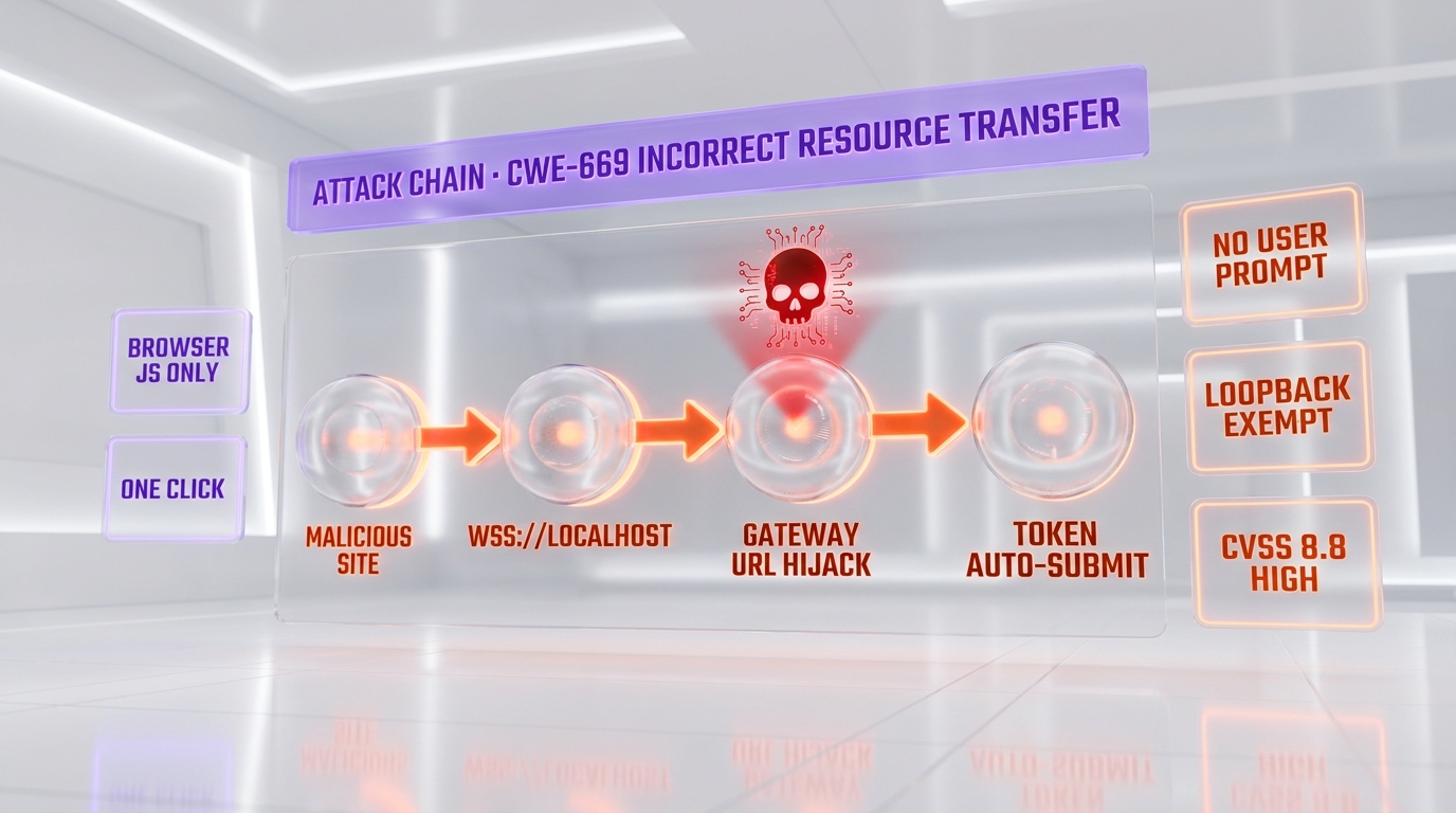 WebSocket hijack attack chain — malicious site to localhost gateway to token auto-submit, CWE-669, CVSS 8.8 HIGH.