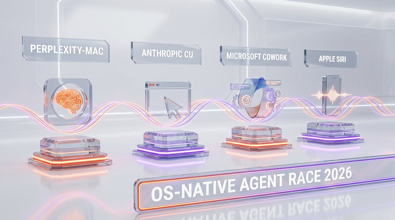 Four crystal pedestals labeled PERPLEXITY-MAC, ANTHROPIC CU, MICROSOFT COWORK, APPLE SIRI in OS-native agent race banner