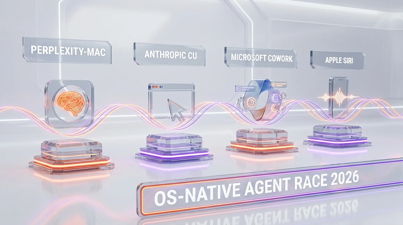 Four crystal pedestals labeled PERPLEXITY-MAC, ANTHROPIC CU, MICROSOFT COWORK, APPLE SIRI in OS-native agent race banner