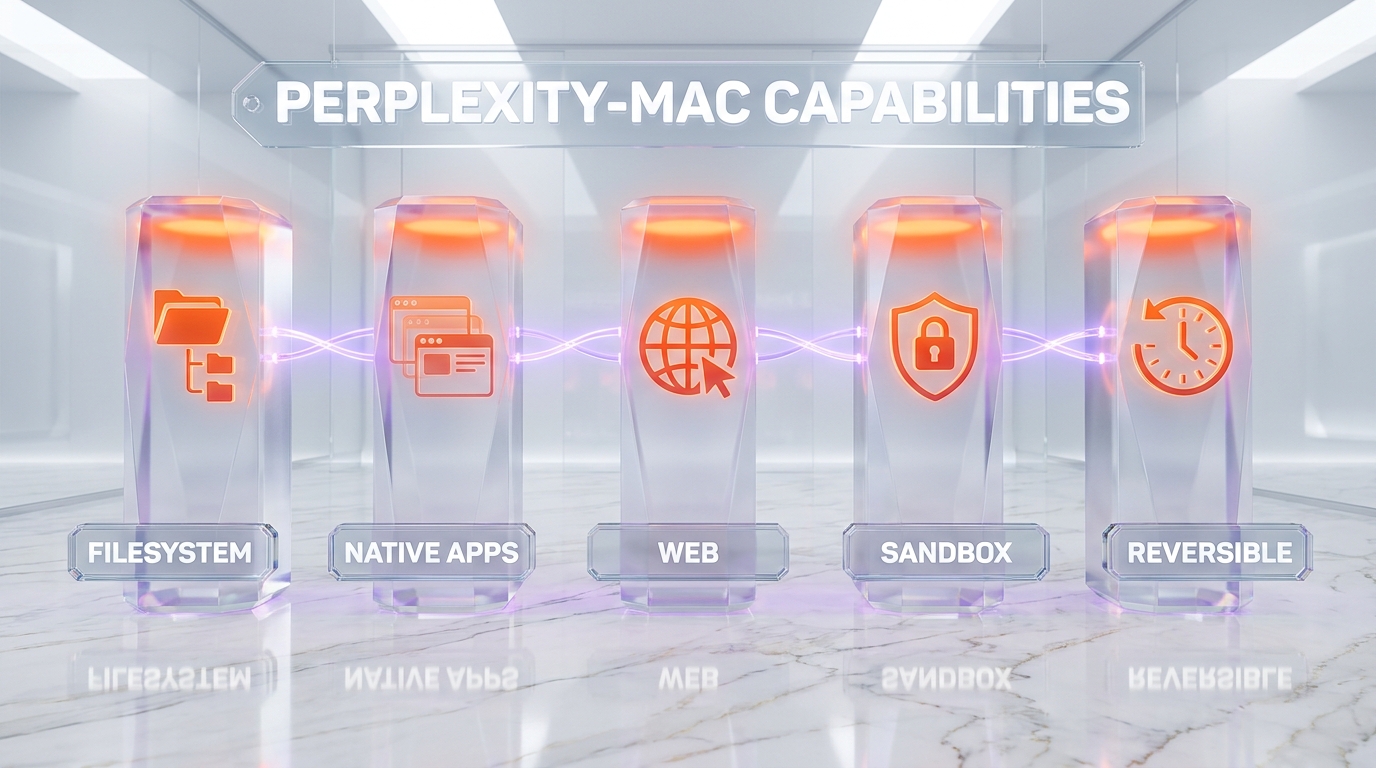 Five glass pillars with FILESYSTEM, NATIVE APPS, WEB, SANDBOX, REVERSIBLE labels under PERPLEXITY-MAC CAPABILITIES banner