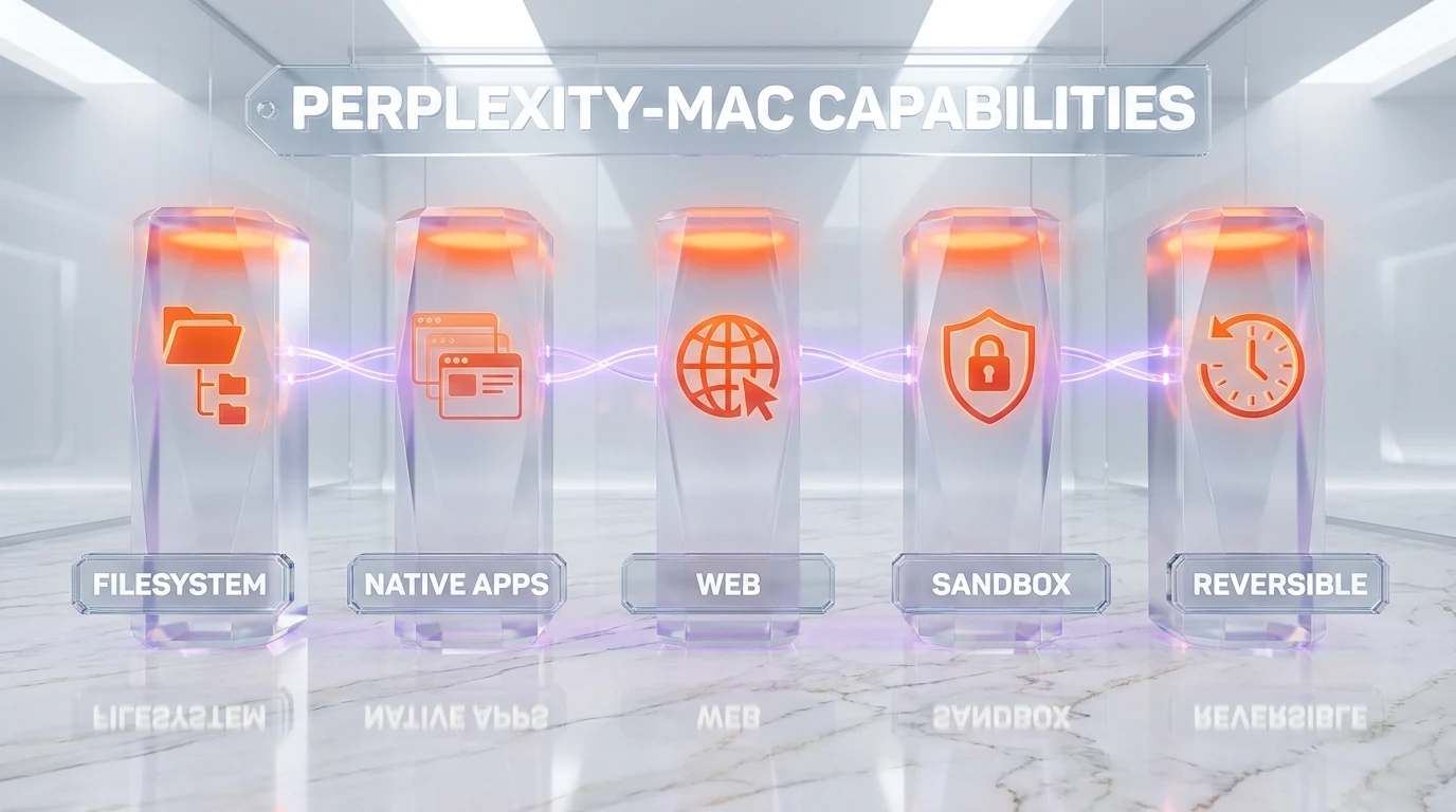 Five glass pillars with FILESYSTEM, NATIVE APPS, WEB, SANDBOX, REVERSIBLE labels under PERPLEXITY-MAC CAPABILITIES banner