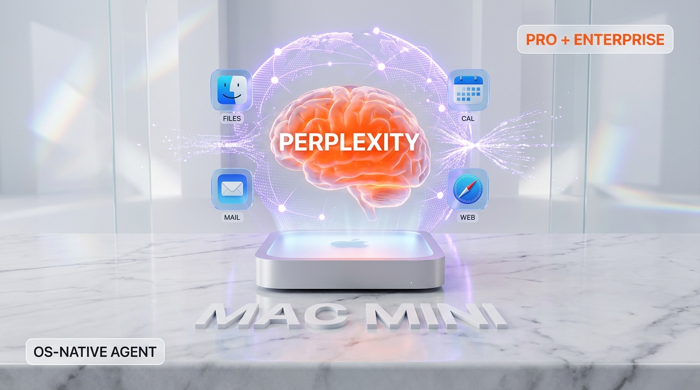 Mac mini glowing on marble desk with floating PERPLEXITY brain orb and PRO + ENTERPRISE tag, OS-native agent visualization
