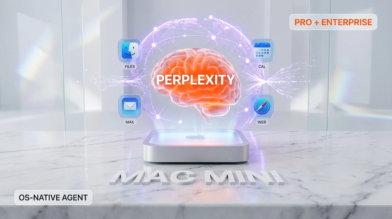 Mac mini glowing on marble desk with floating PERPLEXITY brain orb and PRO + ENTERPRISE tag, OS-native agent visualization