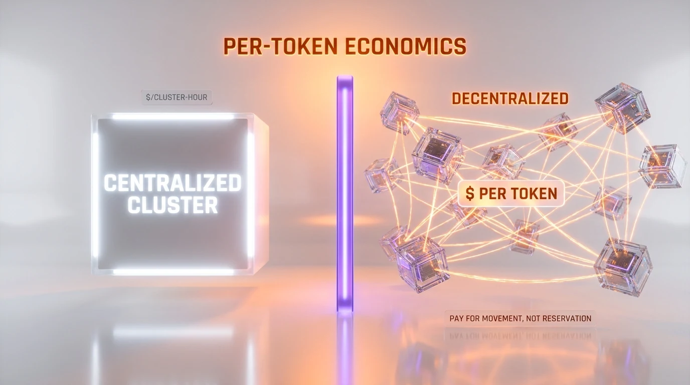 Decentralized training versus centralized cluster — per-token versus per-cluster-hour economics