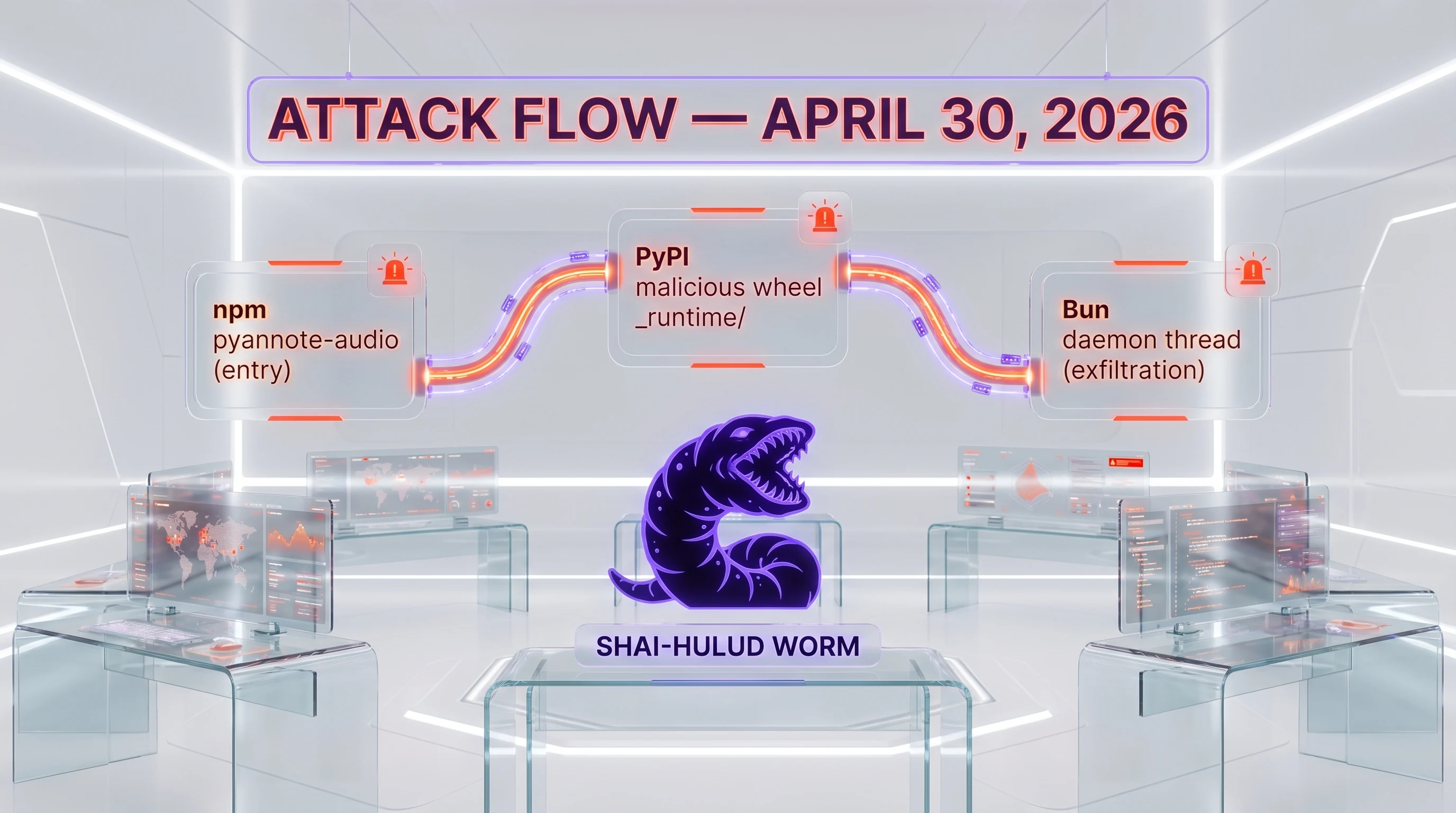 Shai-Hulud worm attack flow npm to PyPI April 30 2026 — pyannote-audio entry, _runtime malicious wheel, Bun daemon thread exfiltration