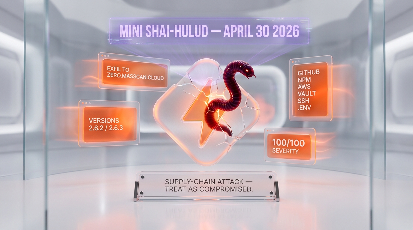 PyTorch Lightning compromised Shai-Hulud worm April 30 2026 — versions 2.6.2 and 2.6.3 malicious payload exfiltrating GitHub npm AWS Kubernetes Vault SSH .env credentials to zero.masscan.cloud