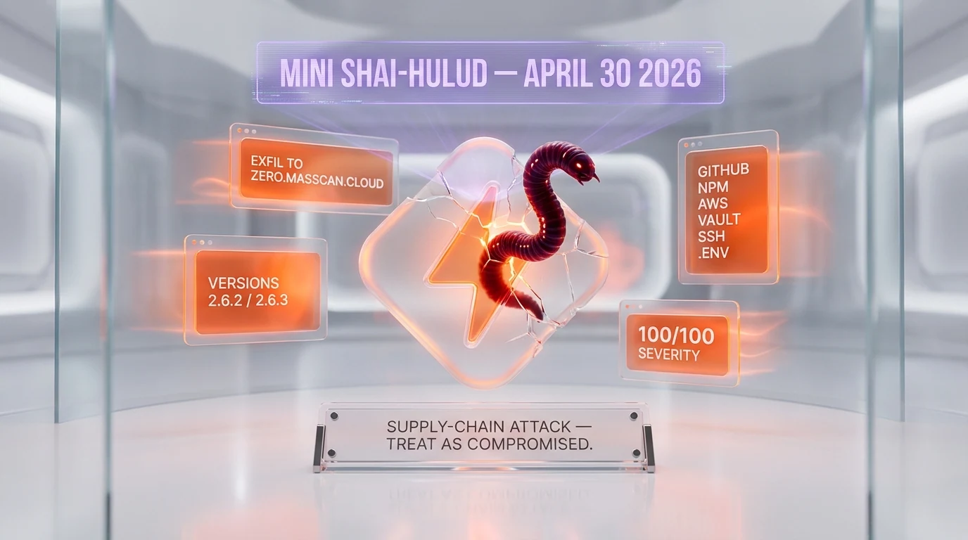 PyTorch Lightning compromised Shai-Hulud worm April 30 2026 — versions 2.6.2 and 2.6.3 malicious payload exfiltrating GitHub npm AWS Kubernetes Vault SSH .env credentials to zero.masscan.cloud