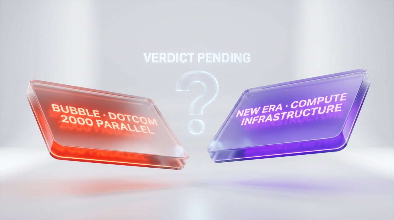 Two opposing scales weighing the bubble interpretation versus the new compute infrastructure era interpretation of Q1 2026 venture funding records, with a verdict pending