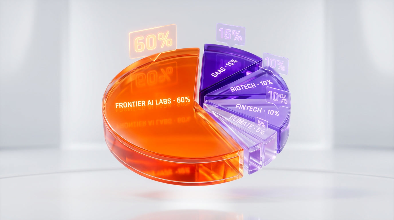 Pie chart showing Q1 2026 venture capital concentration with 60% flowing to frontier AI labs versus traditional SaaS, biotech, climate, and fintech receiving smaller slices