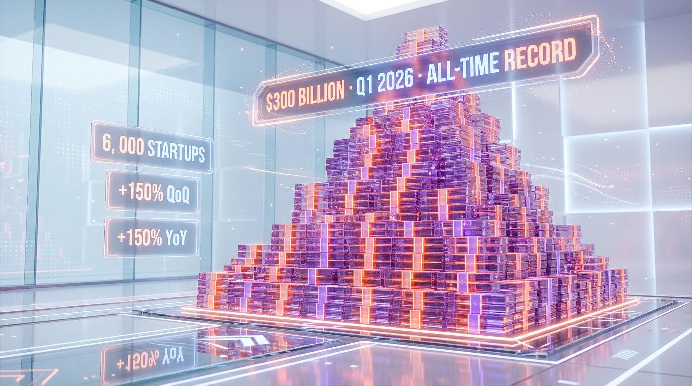 Q1 2026 venture capital broke every record with $300 billion invested across 6,000 startups, +150% QoQ and YoY, with massive concentration on frontier AI labs