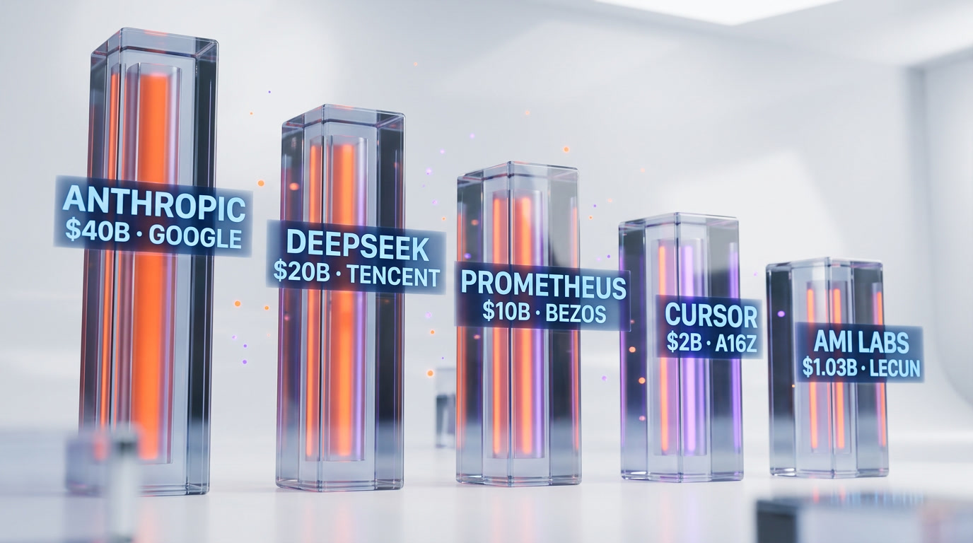 Five glass towers representing the largest Q1 2026 venture rounds with Anthropic at 40 billion, Prometheus at 10 billion, Cursor at 2 billion, AMI Labs at 1.03 billion seed, and DeepSeek at 20 billion