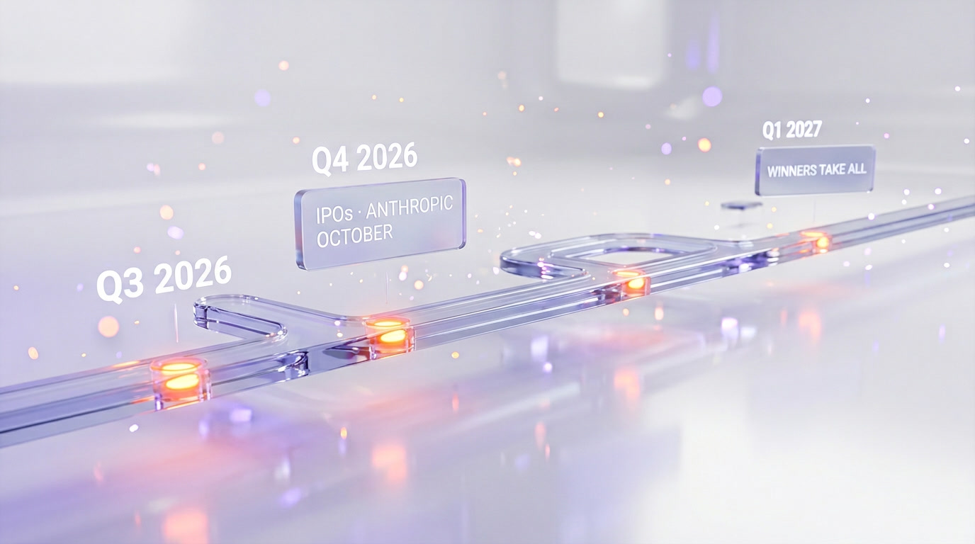 Roadmap for 2026 showing key milestones including IPOs, consolidation, winners take all dynamics, and Anthropic IPO targeting October launch as the marquee event