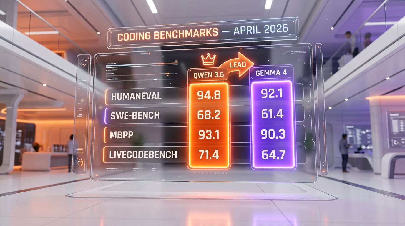 Qwen 3.6 vs Gemma 4 benchmark scoreboard — HumanEval, SWE-Bench Verified, MBPP, LiveCodeBench with Qwen leading on all four metrics