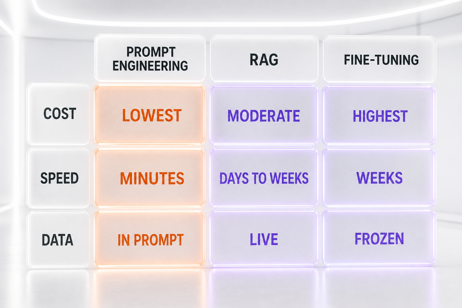 Comparison grid of cost, speed, and data freshness across prompt engineering, RAG, and fine-tuning