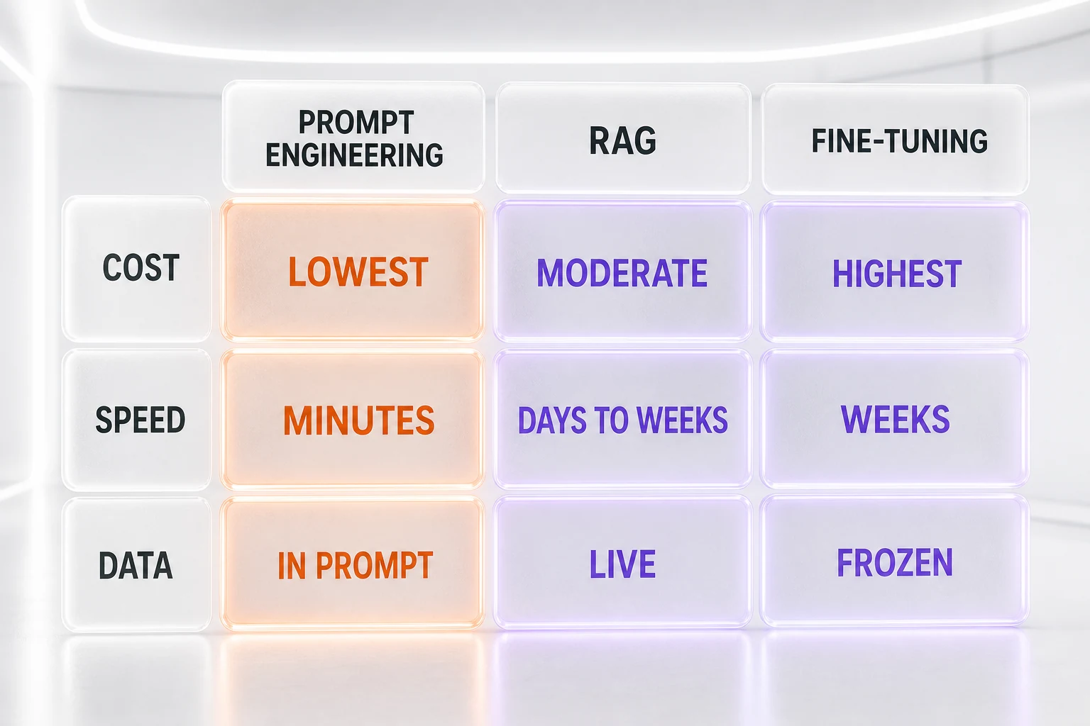 Comparison grid of cost, speed, and data freshness across prompt engineering, RAG, and fine-tuning