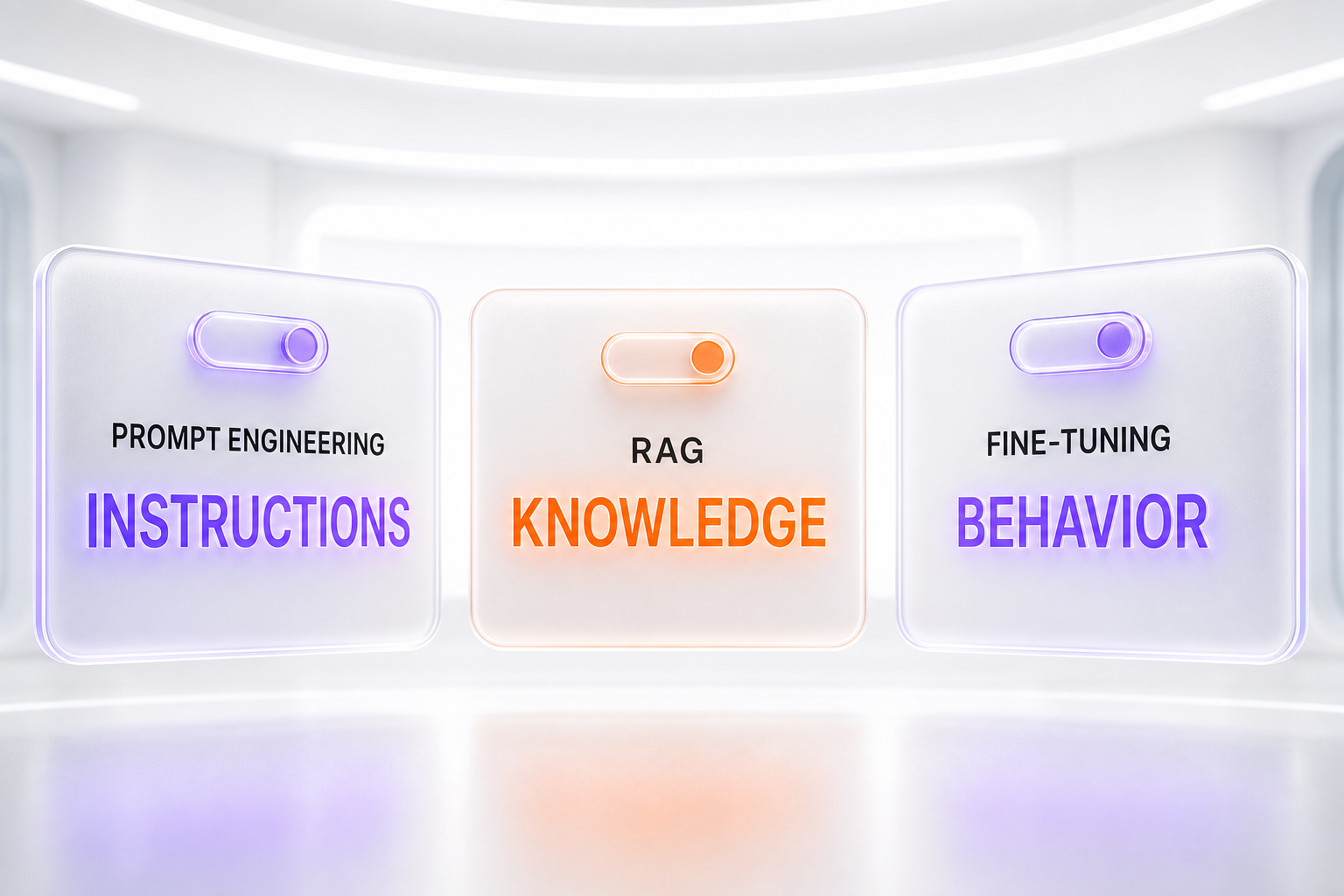 Three levers: prompt engineering changes the instructions, RAG changes the knowledge, fine-tuning changes the behavior