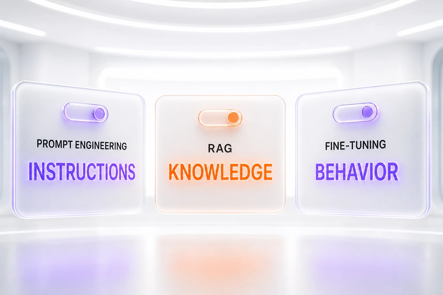 Three levers: prompt engineering changes the instructions, RAG changes the knowledge, fine-tuning changes the behavior