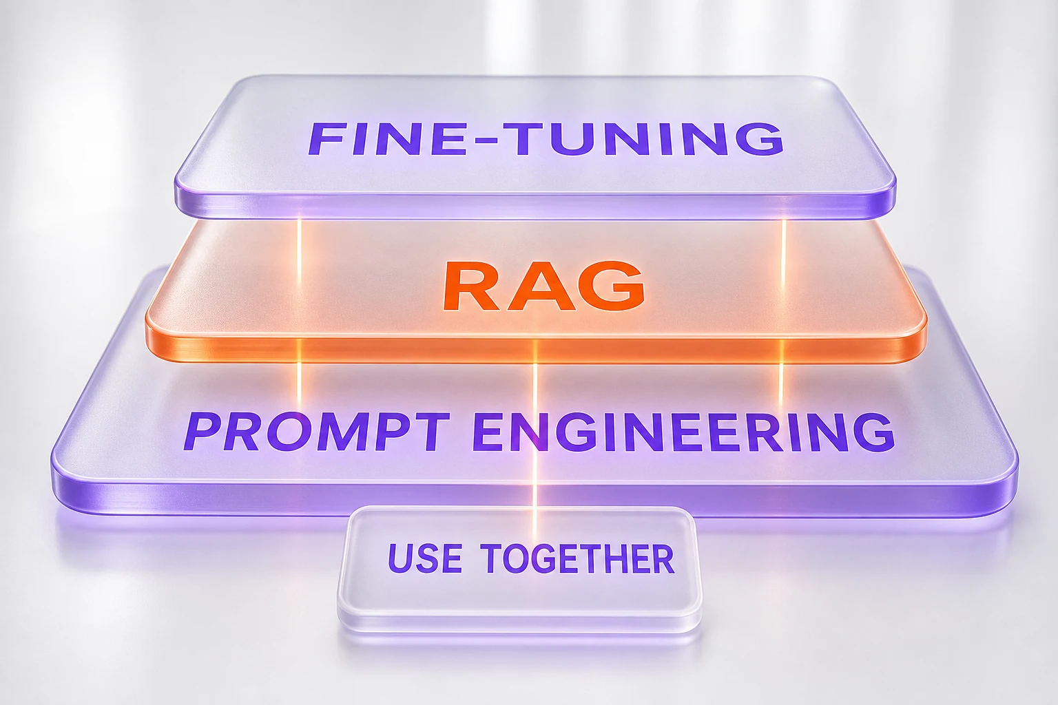 Prompt engineering, RAG, and fine-tuning stacked as complementary layers that are used together