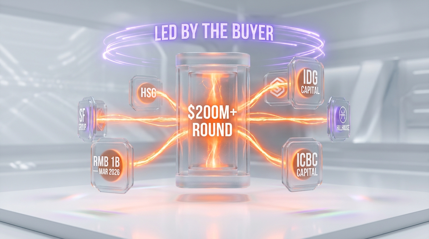 Glassmorphism Robotera funding round visualization — over USD 200 million led by SF Group with HSG and IDG Capital, prior RMB 1 billion March 2026 round, investor stack including Hillhouse CICC ICBC Capital China Unicom funds