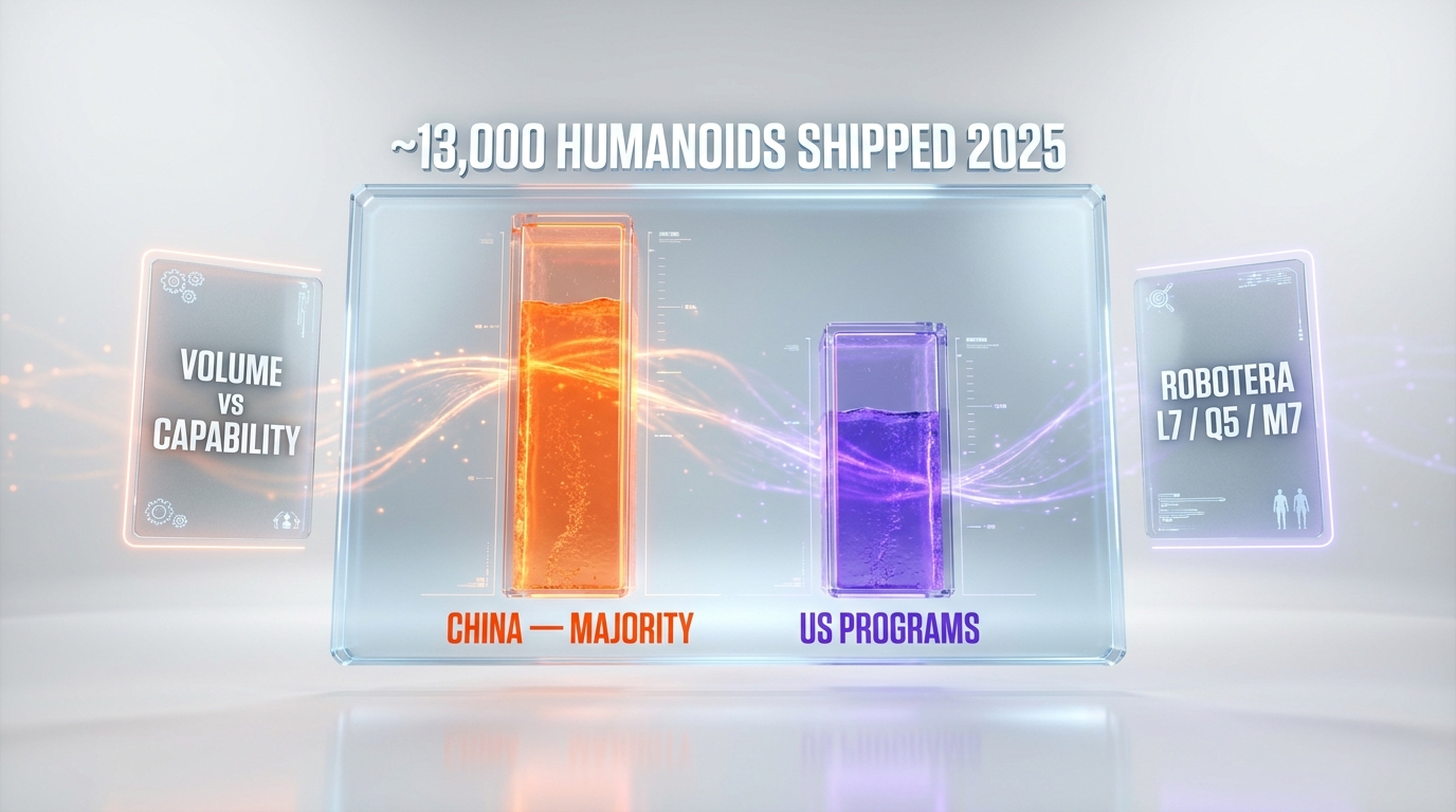 Glassmorphism comparison chart China humanoid robot scale versus US volume — approximately 13000 units shipped globally in 2025 with China majority, Robotera L7 Q5 M7 platforms, thousand-unit Q2 2026 deliveries