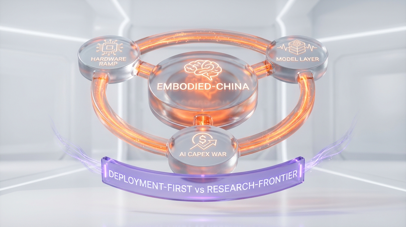 Glassmorphism embodied AI China ecosystem map — Robotera humanoid hardware ramp connected to model layer embodied reasoning and capital layer China AI capex war, deployment-first funding structure versus US research-frontier cohort